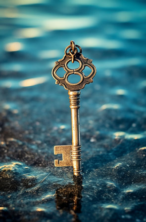 vintage key in water - vintage effect style picture, shallow depth of field, generative AIの素材