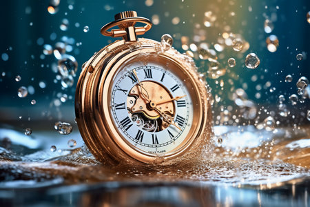 Vintage pocket watch with water drops and splashes. Time concept, generative AIの素材