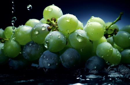 Grapes with water drops on a dark background. Selective focus. Toned. generative AIの素材