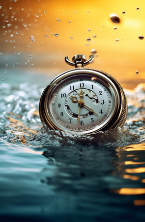 Pocket watch falling into the water with a beautiful sunset in the background, generative AIの素材