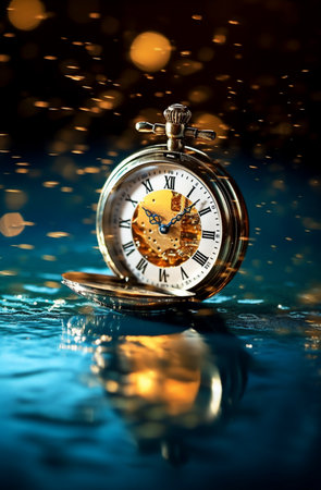 Vintage pocket watch on bokeh background with water drops. generative AIの素材