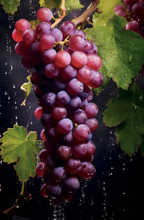 Bunch of red grapes on a dark background with water drops. generative AIの素材