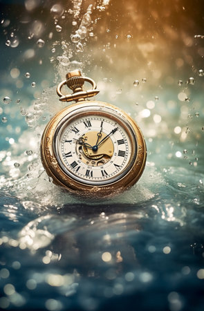 Vintage pocket watch under water with drops and bokeh background, generative AIの素材