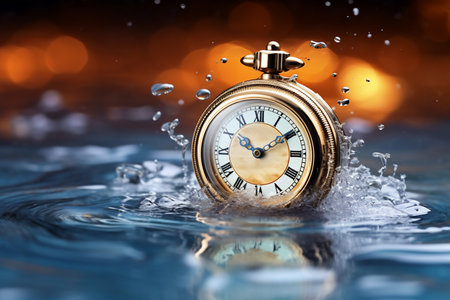 Vintage pocket watch in water with bokeh background, time concept, generative AIの素材