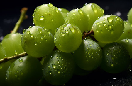 Green grapes with water drops on a black background. Close-up. generative AIの素材