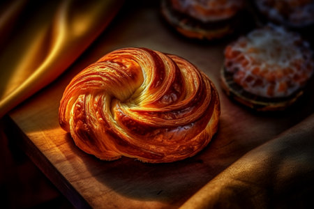 Freshly baked croissant on a wooden board. Toned. generative AIの素材