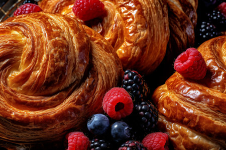 Freshly baked buns with raspberries and blackberries. generative AIの素材