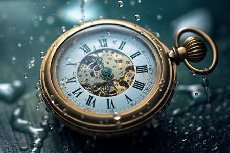 Vintage pocket watch in water drops close up. Time concept. generative AIの素材