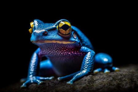 Close up of a Blue Tree Frog isolated on a black background. generative AIの素材