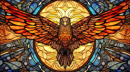 A stained glass window with a bird of prey in the shape of a dove. generative AIの素材