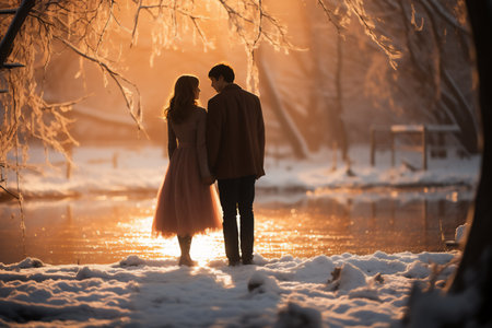 Beautiful young couple in love walking in the park at sunset. generative AIの素材