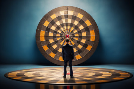 Businessman standing in front of a target with a dartboard on it. generative AIの素材