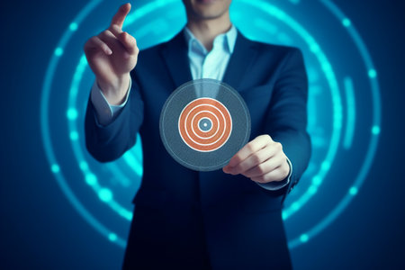 businessman with a target in his hand on the background of blue circles. generative AIの素材