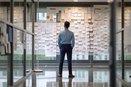 Rear view of young businessman standing in office and looking at wall with adhesive notes. generative AIの素材