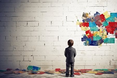 Back view of businessman looking at wall with colorful puzzle pieces on it. generative AIの素材