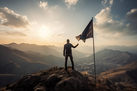 Silhouette of a man with a flag on the top of the mountain. generative AIの素材
