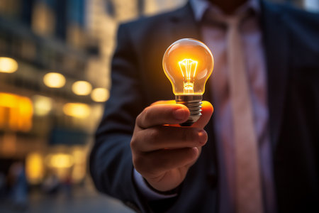 Businessman holding a glowing light bulb in his hand, concept of idea and innovation. generative AIの素材