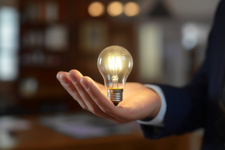 Businessman holding light bulb in office, closeup. Idea concept. generative AIの素材