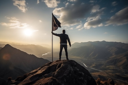 Man on the top of the mountain with a flag in his hands. generative AIの素材