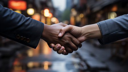 Business people shaking hands in the city. Concept of partnership and cooperation. generative AIの素材