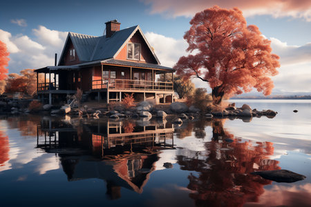 Autumn landscape with old wooden house on the lake. Fall season. Generative AIの素材