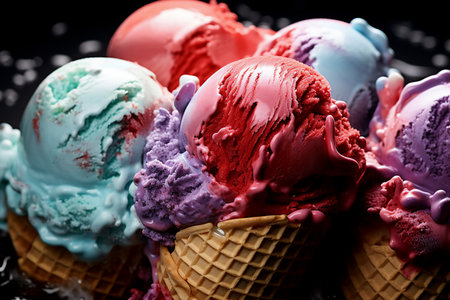Ice cream scoops of different colors and flavors in waffle cones Generative AIの素材
