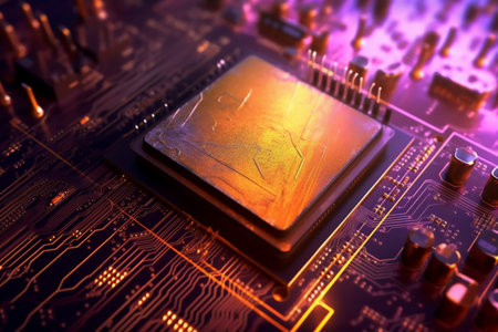 Close-up of electronic circuit board with processor. Technology background.Generative AI.の素材