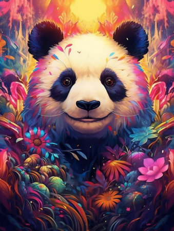 Panda in the forest. Digital painting. Colorful illustration., Generative AIの素材