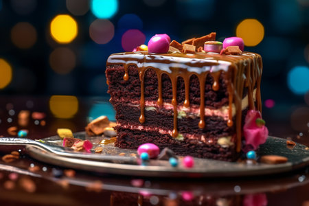 Chocolate cake on a silver plate with bokeh background., Generative AIの素材