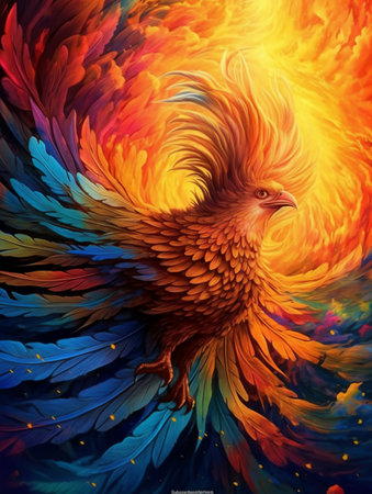 Colorful painting of a rooster in the rays of the sun, Generative AIの素材