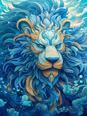 Lion in the sea. Colorful illustration for your design., Generative AIの素材