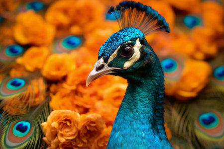 Beautiful peacock close-up portrait with orange flowers background , generative AIの素材