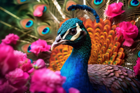 Peacock with colorful flowers. Beautiful peacock close up.の素材