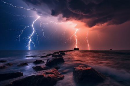 Stormy stormy sky over the sea with a lighthouse on the rocks , generative AIの素材