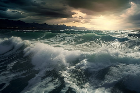 Beautiful seascape with stormy sky and sea waves. , generative AIの素材