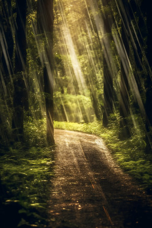 Trail through the forest with sun rays passing through the trees., generative AIの素材