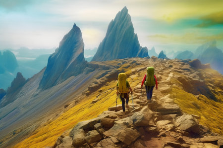 Hiking in the mountains. Hikers with backpacks are on the trail. Generative AI.の素材