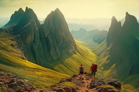Man and woman hiking in the mountains at sunset. Travel concept. Generative AI.の素材