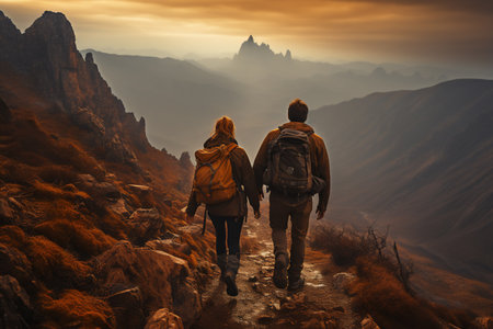 Couple hiking in the mountains at sunset. Hiking concept. Generative AI.の素材