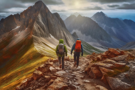 Hiking in the mountains. Hikers with backpacks and trekking poles. Generative AI.の素材