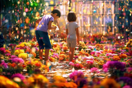 Cute little boy and girl walking in flower garden at summer day. Generative AI.の素材