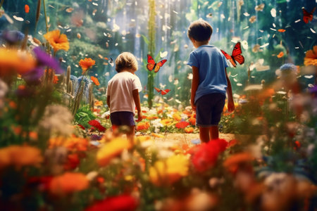 Little boy and girl playing in the garden with colorful flowers and butterflies. Generative AI.の素材