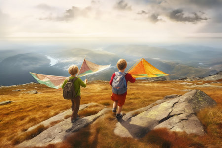 Two kids, boy and girl, playing with colorful kites on the top of the mountain in summer. Generative AI.の素材