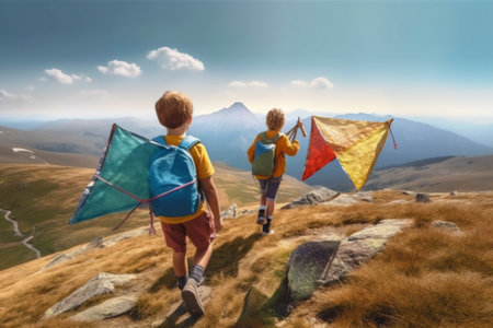 Children with kites in the mountains. Traveling with children concept. Generative AI.の素材