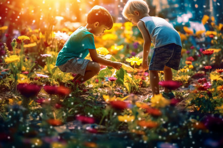 Two little boys, brothers, playing in the flower garden on a sunny day. Generative AI.の素材