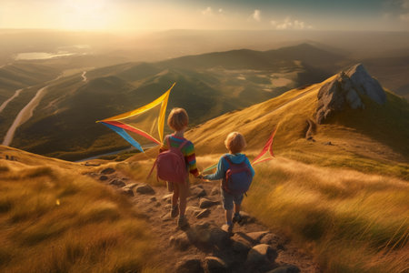 Cute little girls with kite in the mountains at sunset. Generative AI.の素材