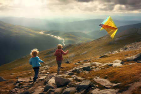 Little boy and girl playing with kite in the mountains. Happy family travel concept. Generative AI.の素材