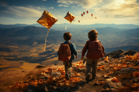 Two little boys playing with kite in autumn mountains. Back view. Generative AI.の素材