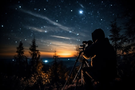 Silhouette of photographer with tripod taking photo of starry night sky, Generative AIの素材