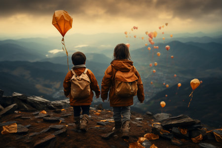 Boy and girl with backpacks and hot air balloons in the mountains. Generative AI.の素材